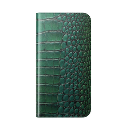 Green faux crocodile leather phone wallet case with D-ring attachment and hands-free stand for iPhone Samsung Galaxy
