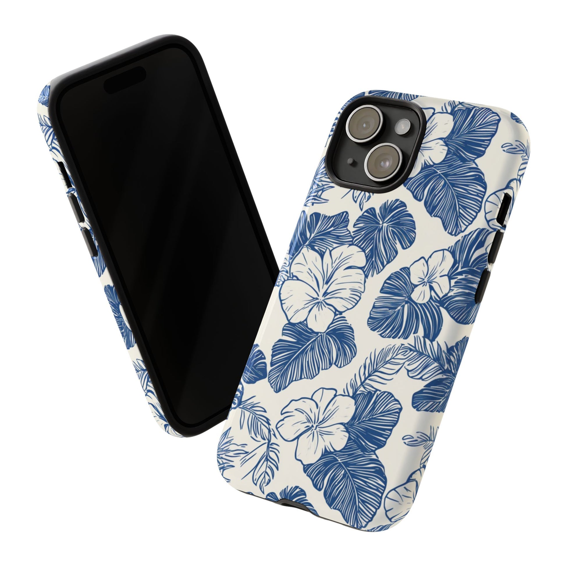 Natural botanical phone case in blue white showing delicate hibiscus watercolor aesthetic for all models
