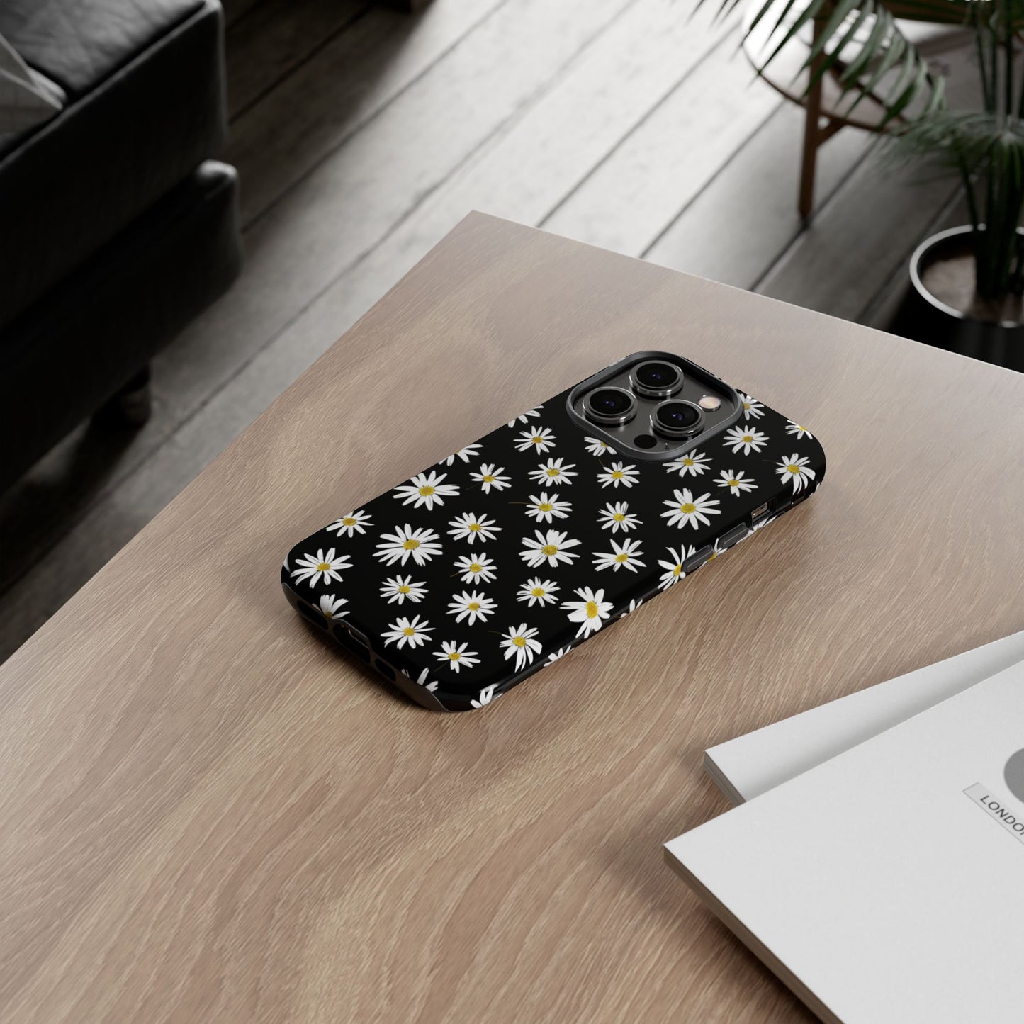 Handyhülle mit Gänseblümchenmuster – schwarze florale Schutzhülle für iPhone, Samsung Galaxy & Google Pixel