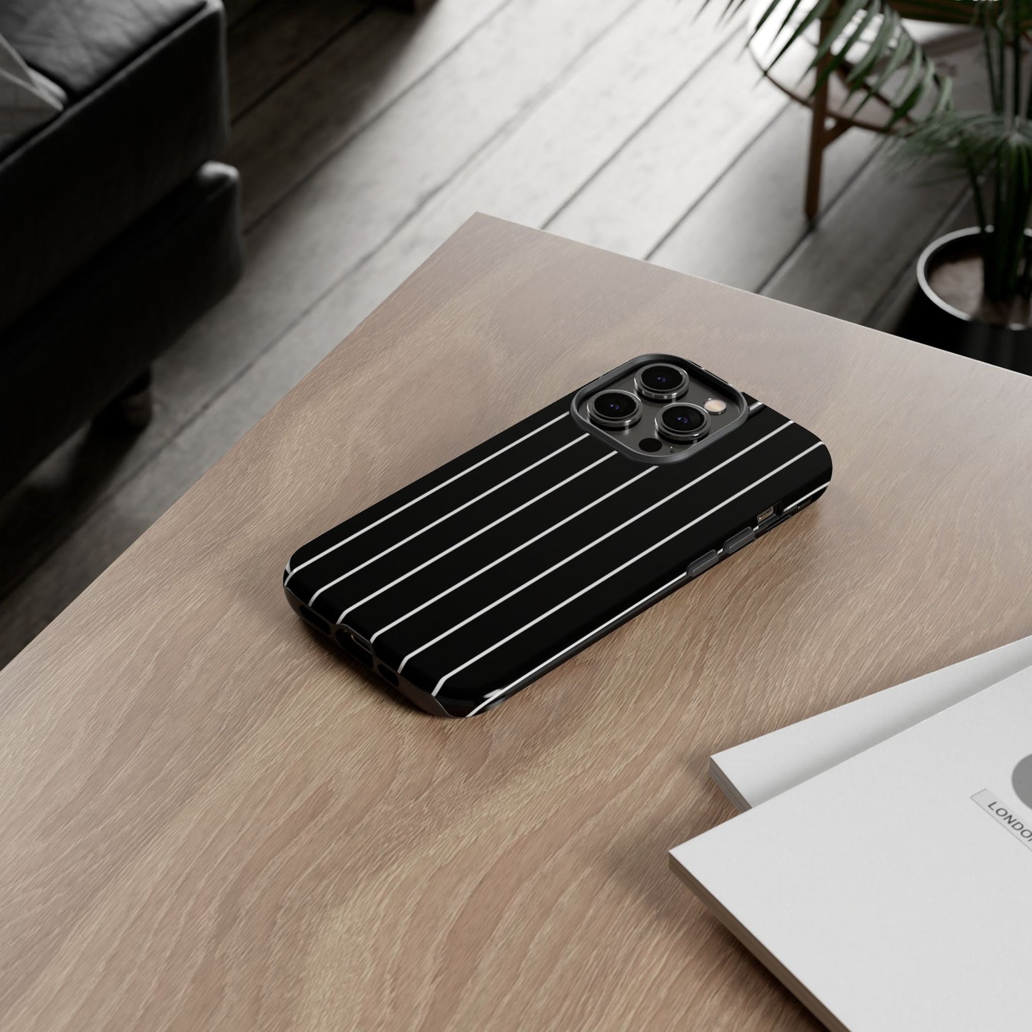 Black pinstripe tough phone case for iPhone 14 – classic stripe dual-layer protective cover
