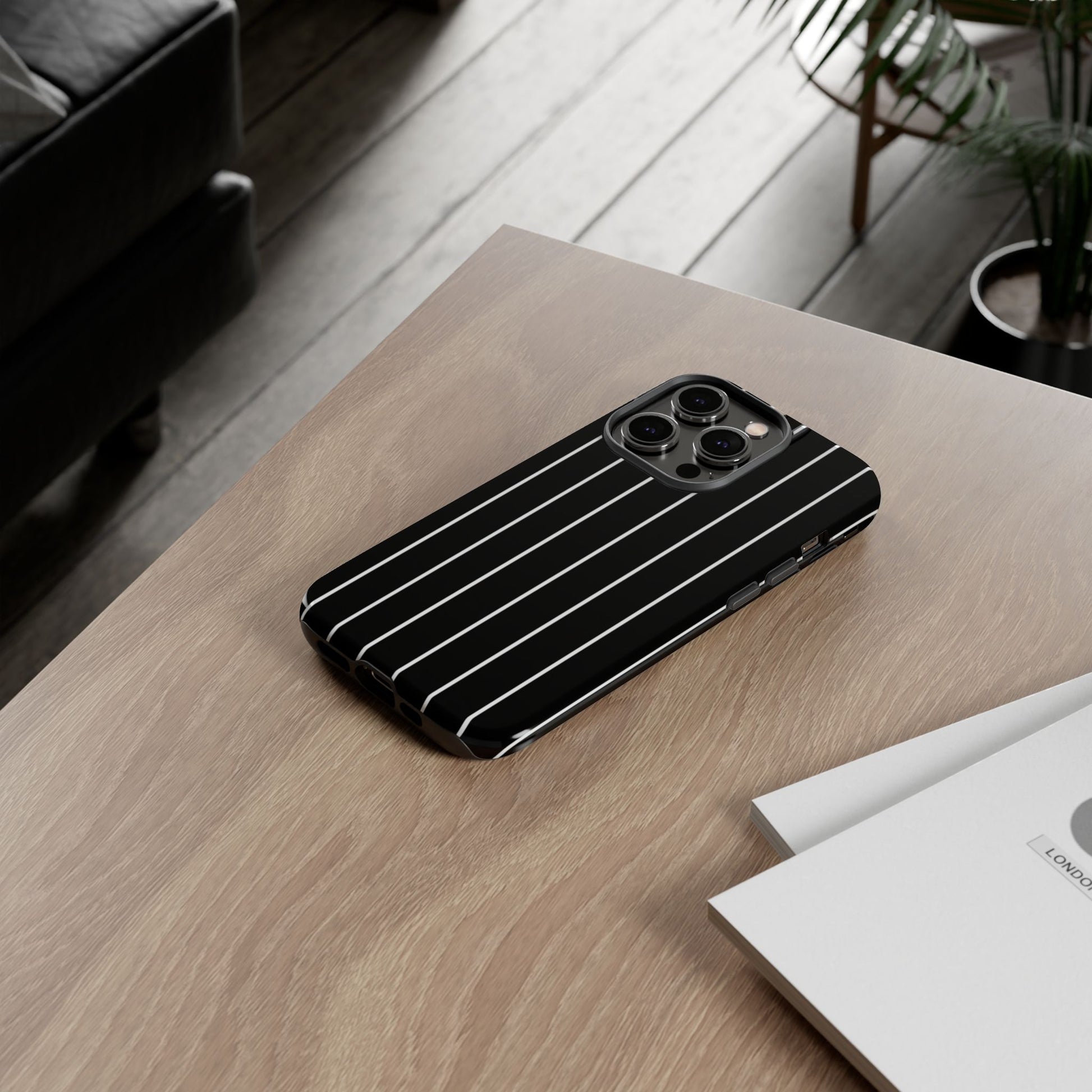 Black pinstripe tough phone case for iPhone 14 – classic stripe dual-layer protective cover
