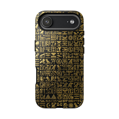 Funda resistente con jeroglíficos egipcios - Patrón de símbolos antiguos en negro y dorado para iPhone, Samsung Galaxy y Google Pixel