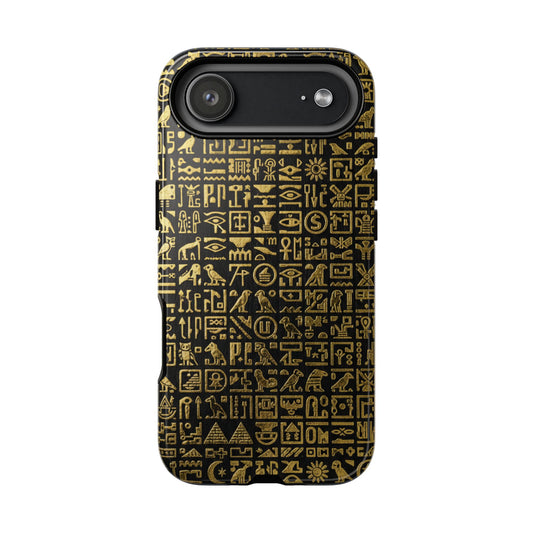 Funda resistente con jeroglíficos egipcios - Patrón de símbolos antiguos en negro y dorado para iPhone, Samsung Galaxy y Google Pixel