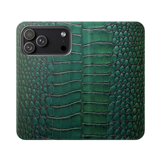Green crocodile embossed flip phone case with luxury faux leather wallet cover and card slots for iPhone and Samsung Galaxy
