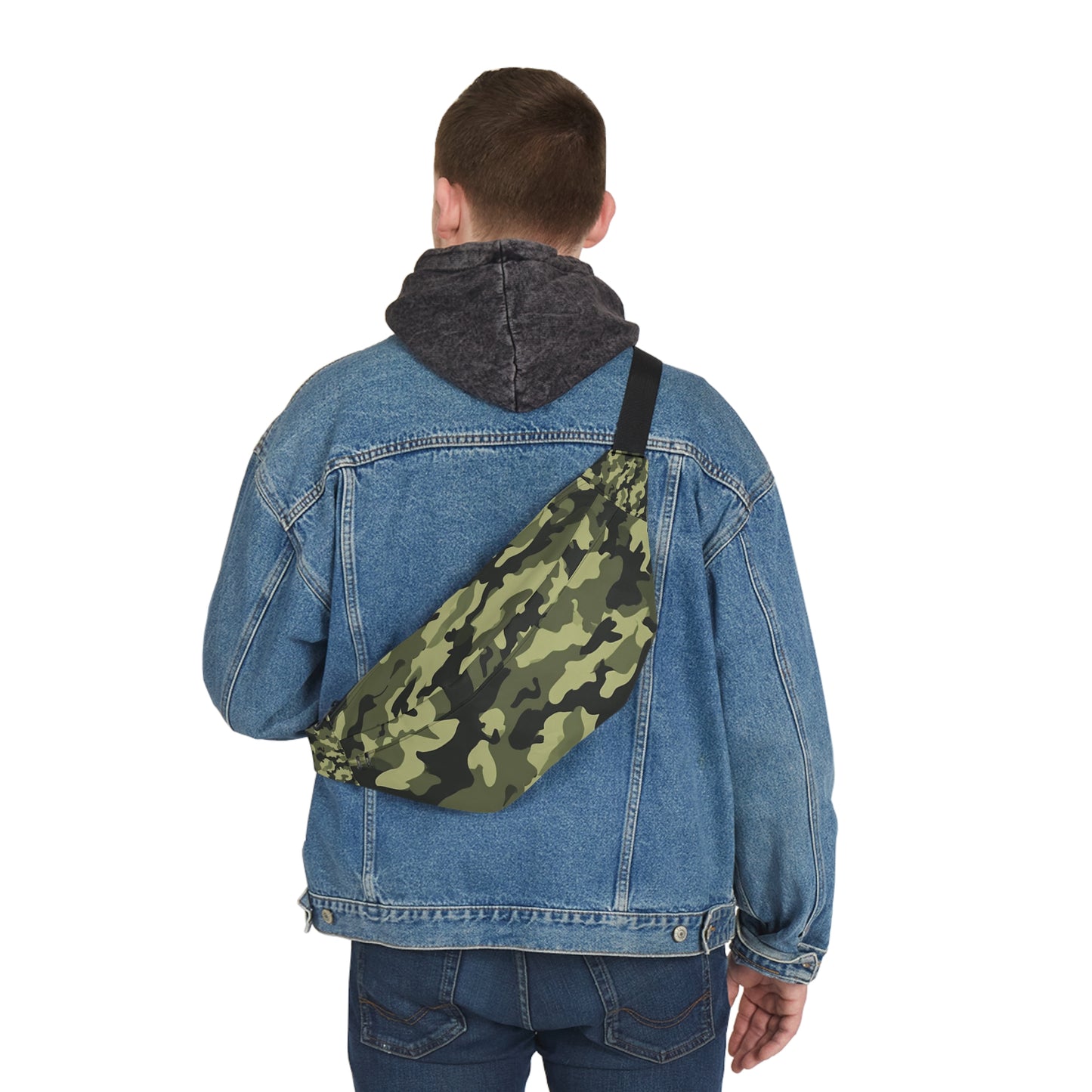 Man wearing large military camo fanny pack around waist – green camouflage hip bag for outdoors
