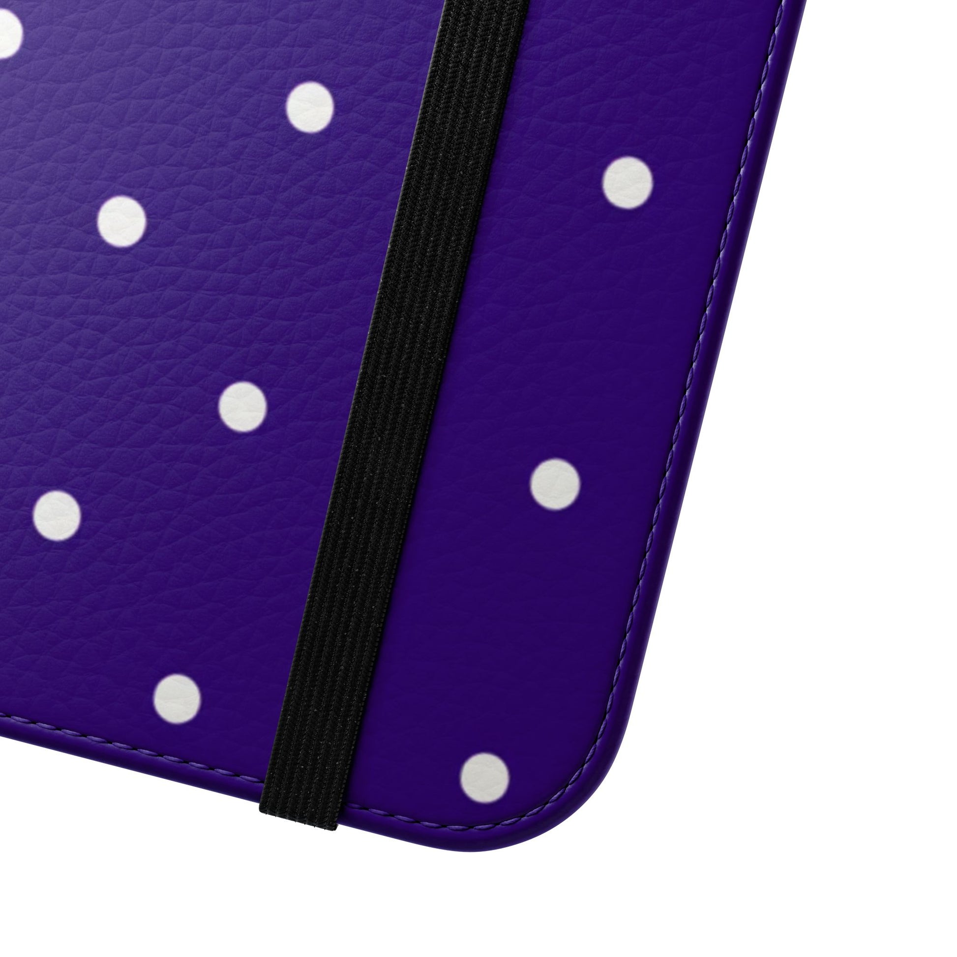 Premium violet flip phone case with white dots, card pockets and hands-free stand for iPhone and Samsung Galaxy
