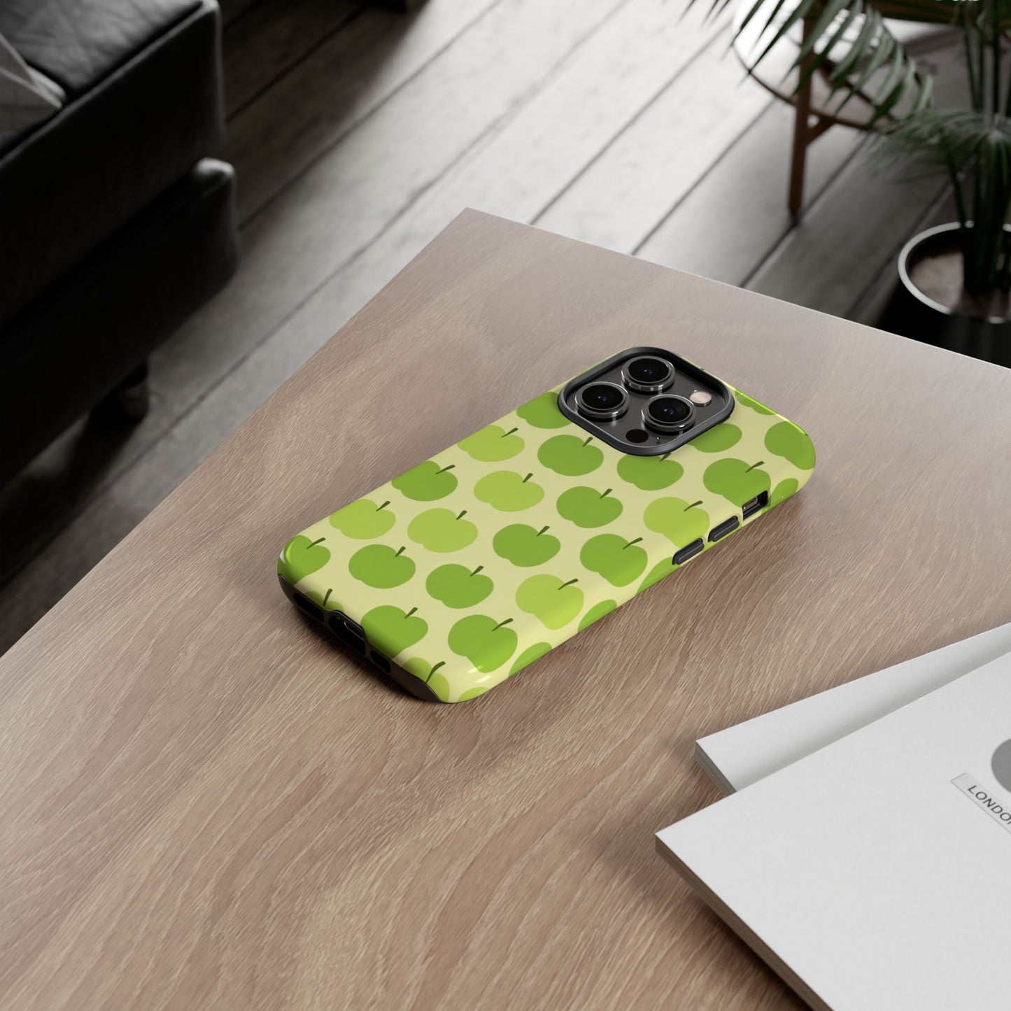 Green apple tough phone case for iPhone 14 – playful fruit pattern dual-layer protective cover
