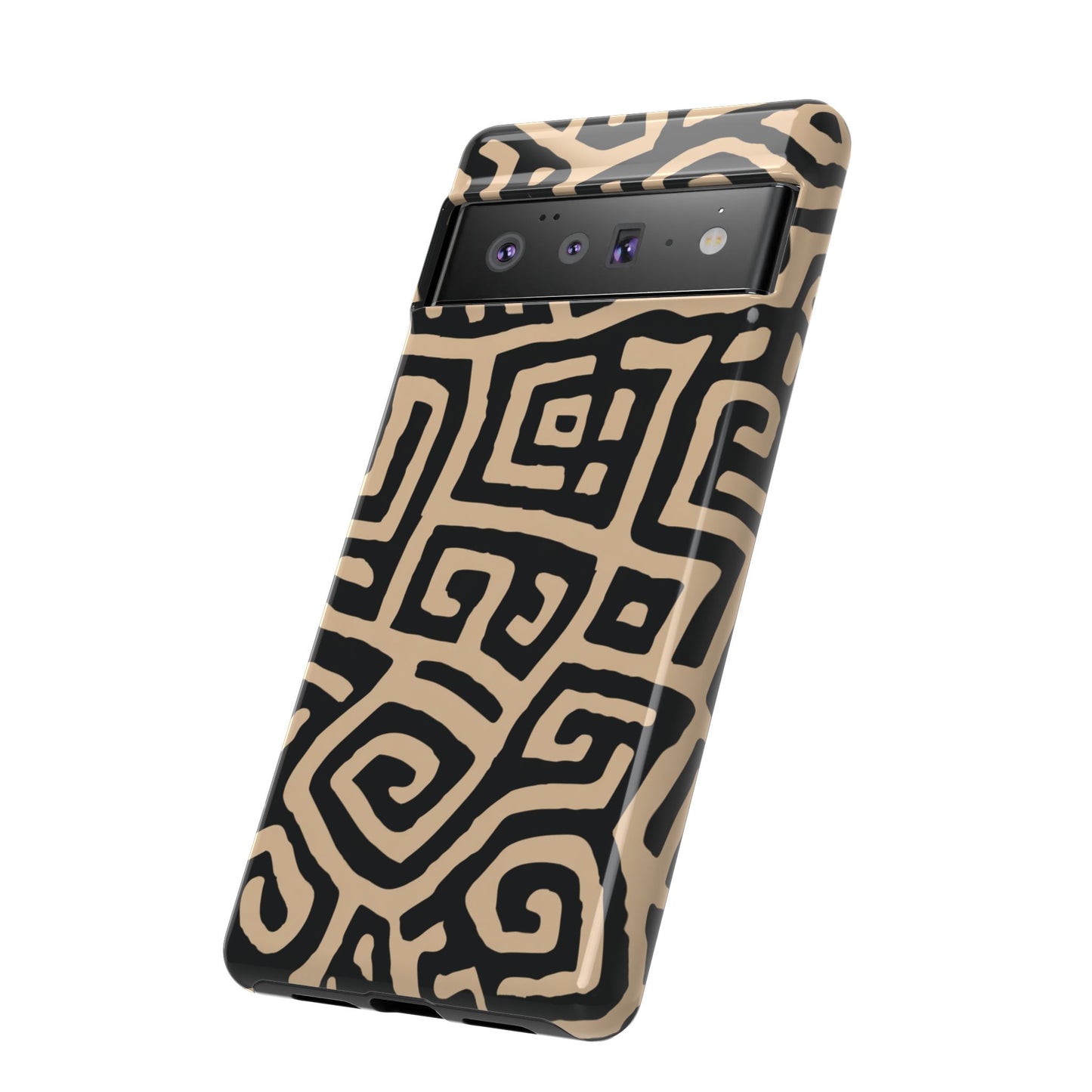 Afrikanisches Stammes-Labyrinth Handyhülle – Beige & Schwarz Geometrisches Muster Schutzhülle für iPhone, Samsung Galaxy & Google Pixel