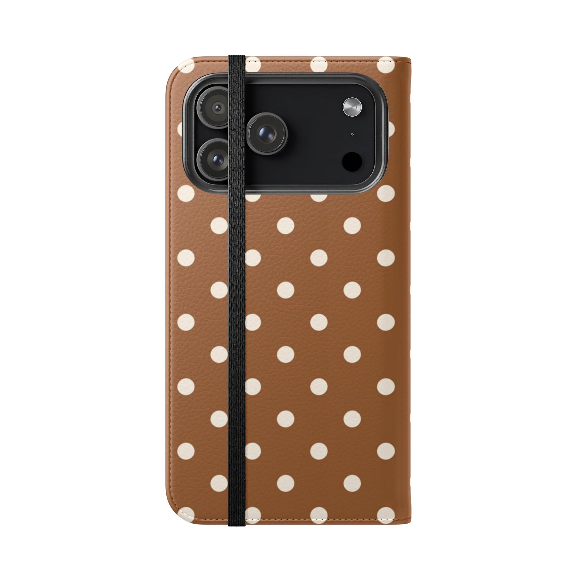 Retro brown polka dot wallet phone case with cream dots, card pockets and stand function featuring vegan leather

