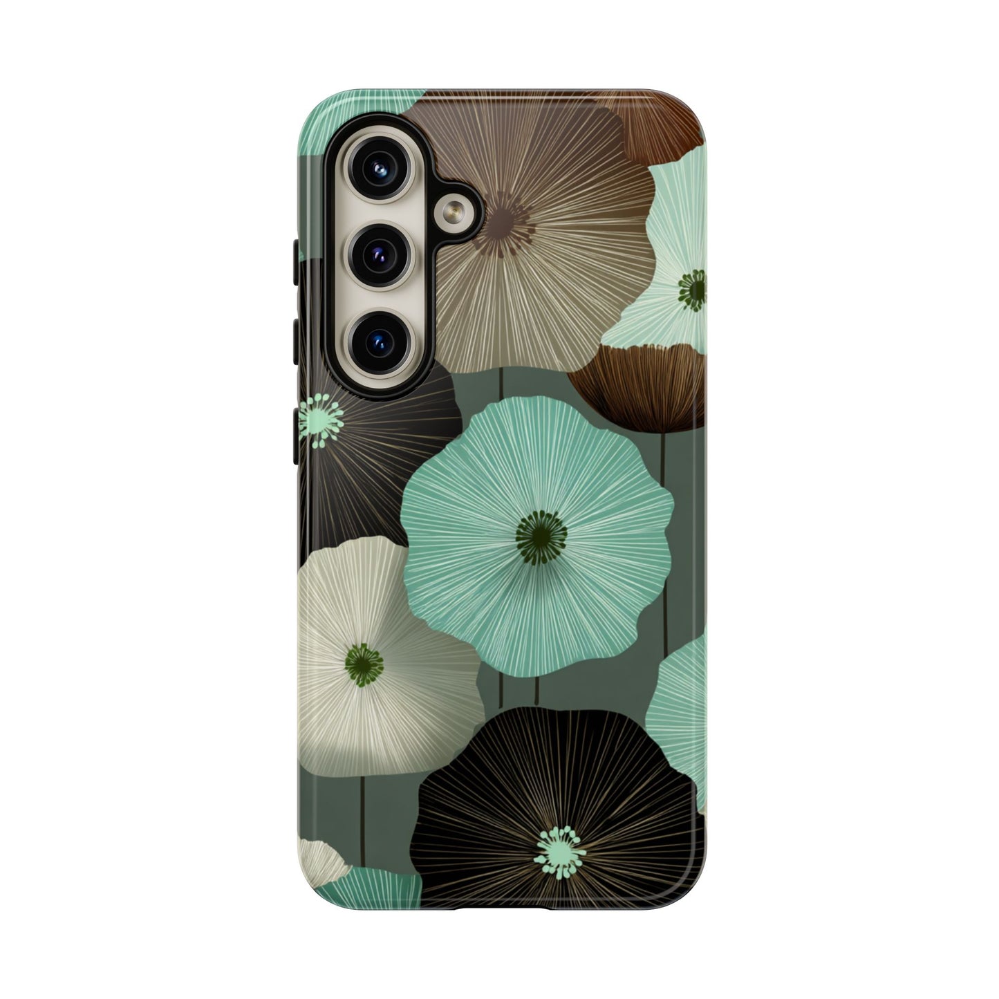 Floral Tough Phone Case - Teal & Brown Poppy Protective Cover for iPhone, Samsung Galaxy & Google Pixel