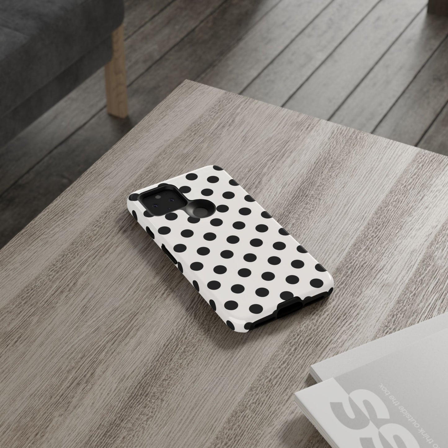 Black and white polka dot pattern phone case displaying 3D wrap print with edge-to-edge coverage
