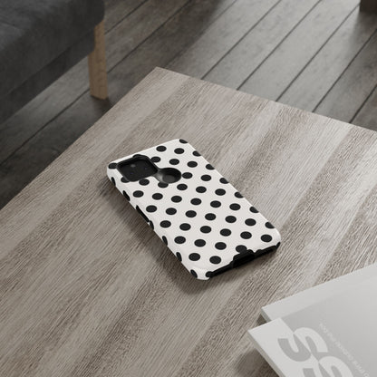 Black and white polka dot pattern phone case displaying 3D wrap print with edge-to-edge coverage
