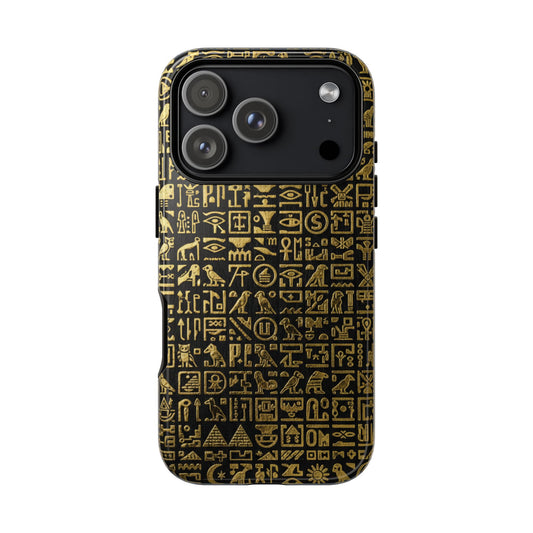Ägyptische Hieroglyphen-Handyhülle – Schwarz-goldenes antikes Symbolmuster für iPhone, Samsung Galaxy & Google Pixel