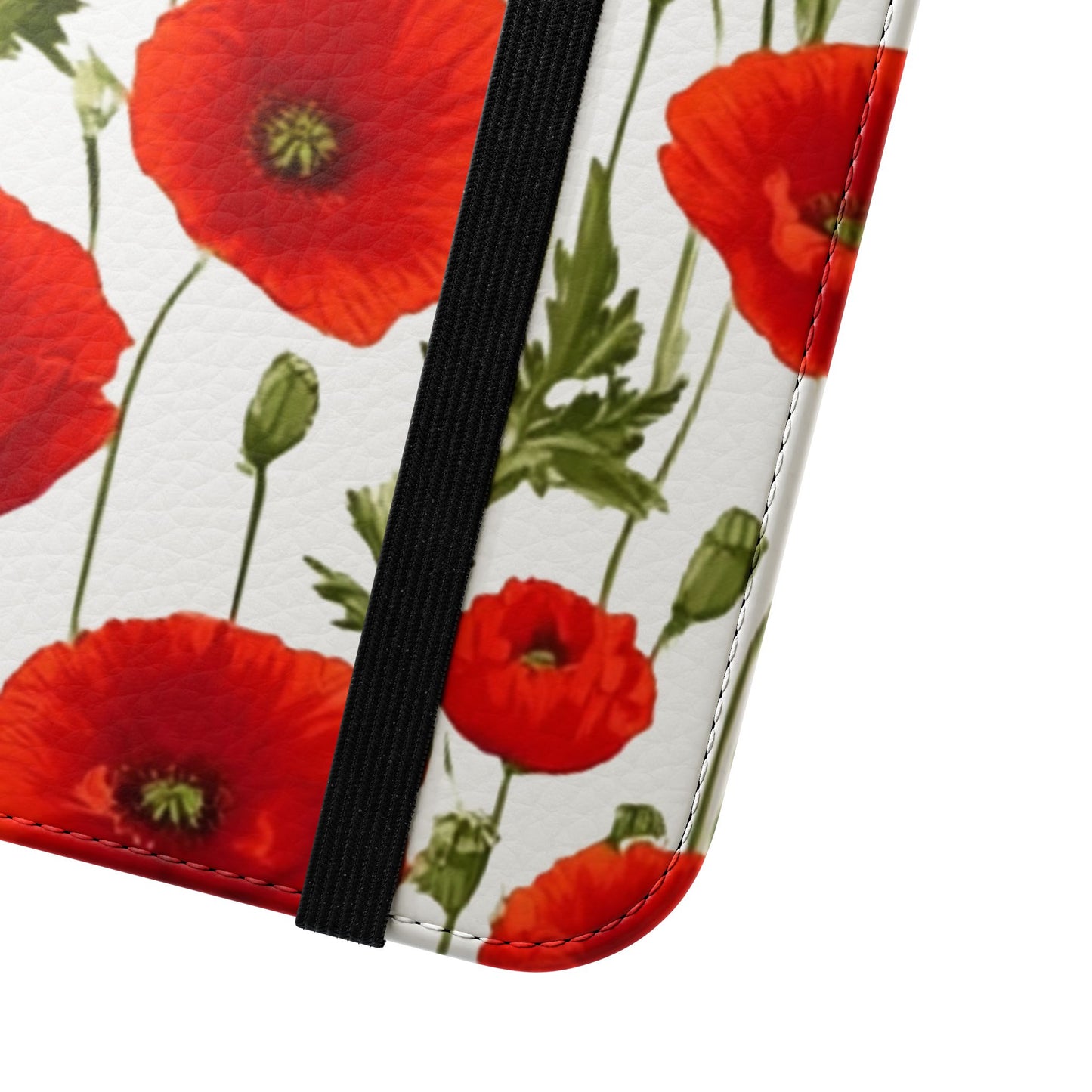 Premium faux leather flip case with red poppy design compatible with all iPhone and Samsung models
