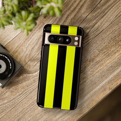 Motorsport-inspired yellow black racing stripe tough phone case with precise fit for all iPhone Samsung Pixel models
