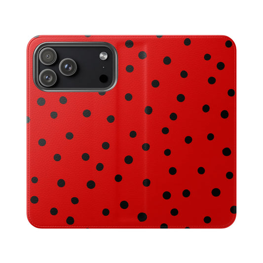 Red flip phone case with black polka dots featuring card holder pockets and stand function for iPhone and Samsung Galaxy

