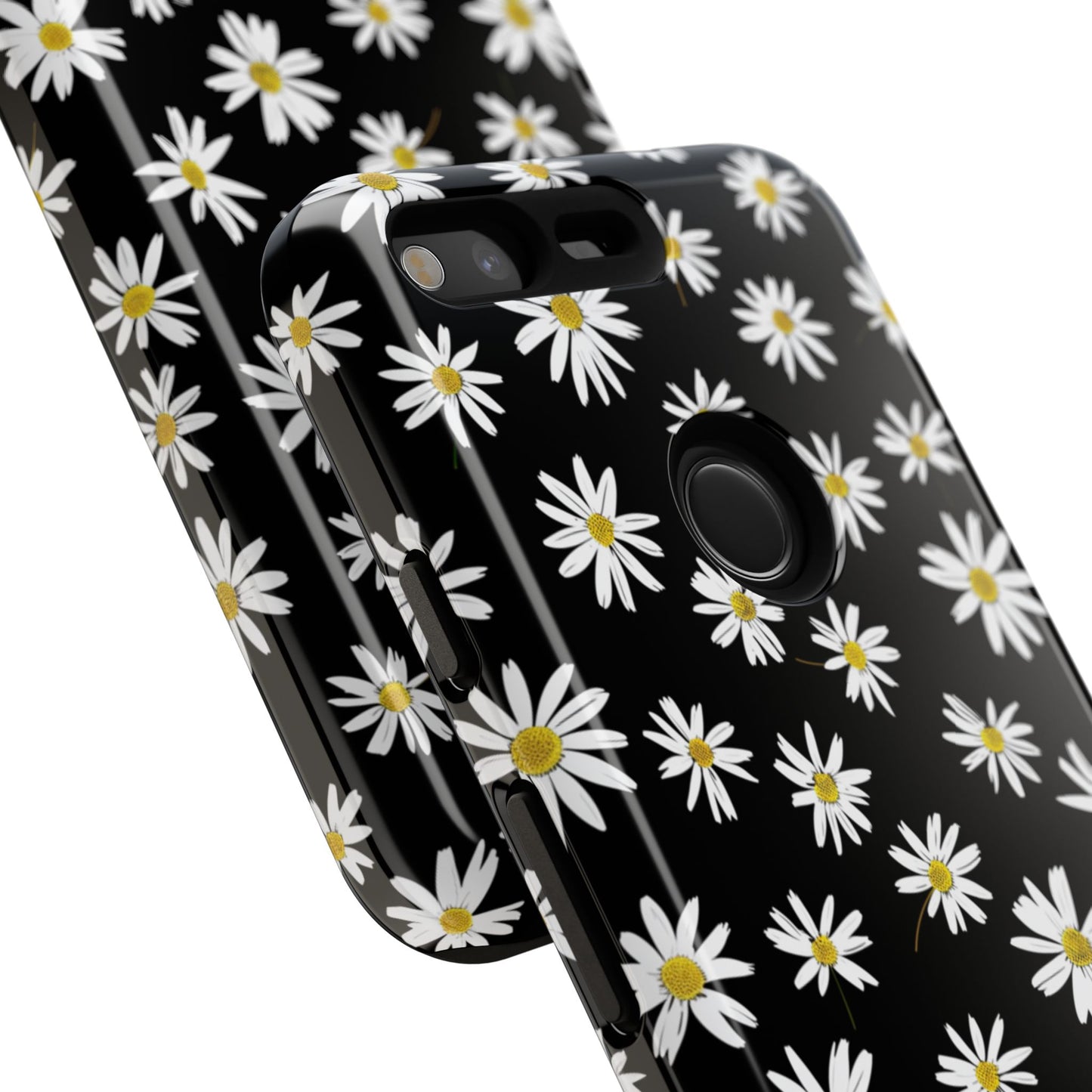 Coque de téléphone résistante à motif marguerites - Coque de protection florale noire pour iPhone, Samsung Galaxy et Google Pixel