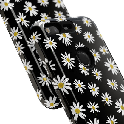 Coque de téléphone résistante à motif marguerites - Coque de protection florale noire pour iPhone, Samsung Galaxy et Google Pixel