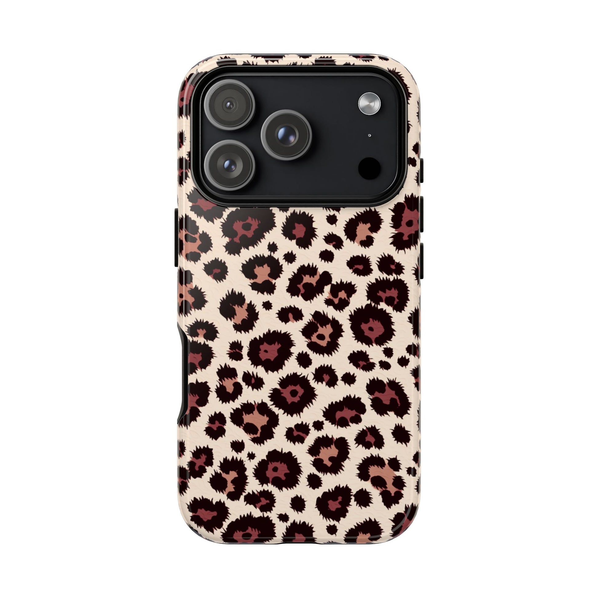 Fierce leopard print phone case with impact resistant polycarbonate outer shell

