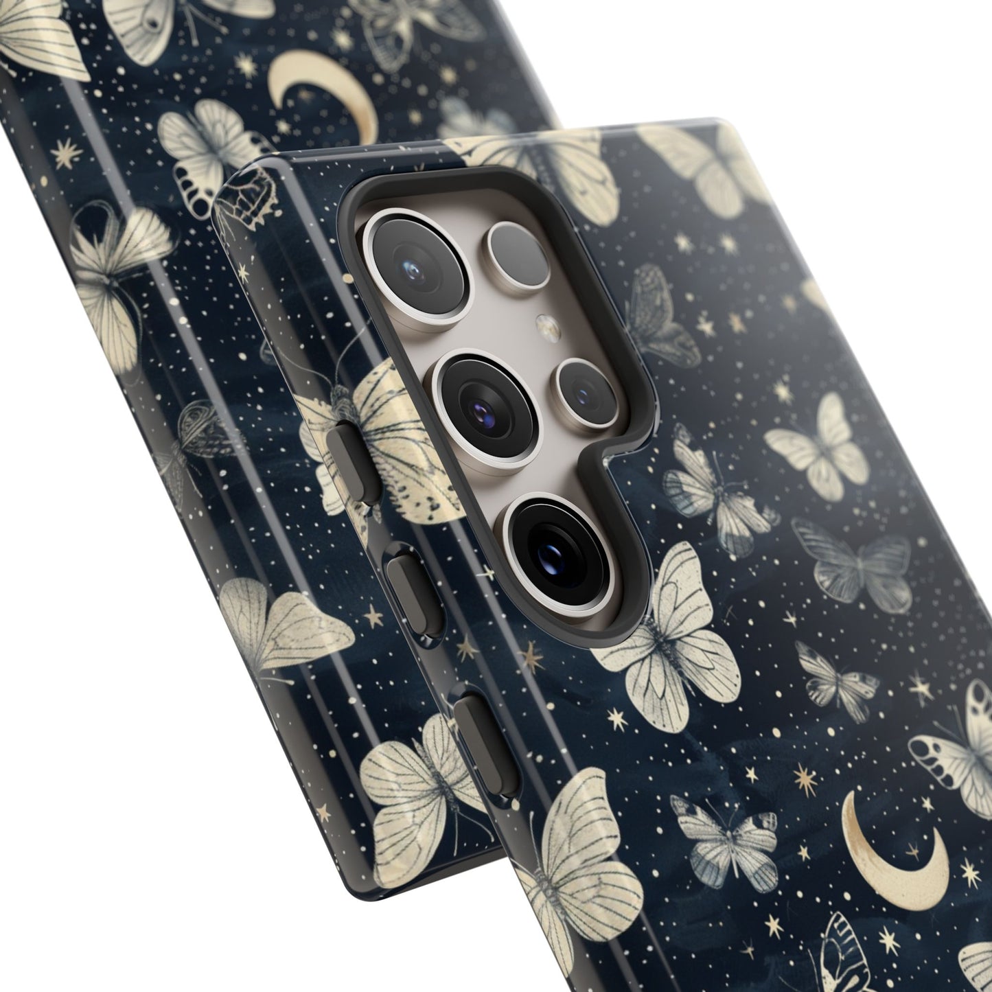 Funda protectora resistente con diseño de mariposa y luna - Diseño floral de cielo nocturno para iPhone, Samsung Galaxy y Google Pixel