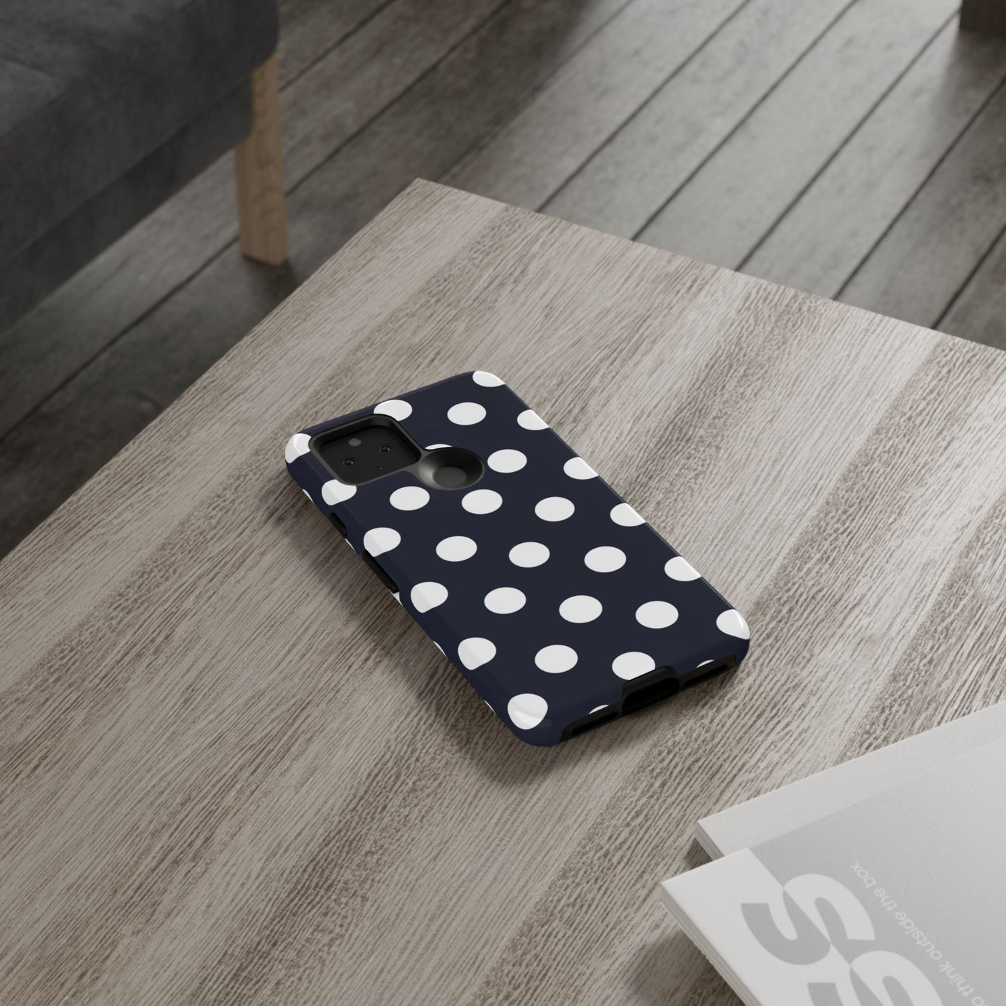 Classic polka dot phone case in navy and white for all phone models
