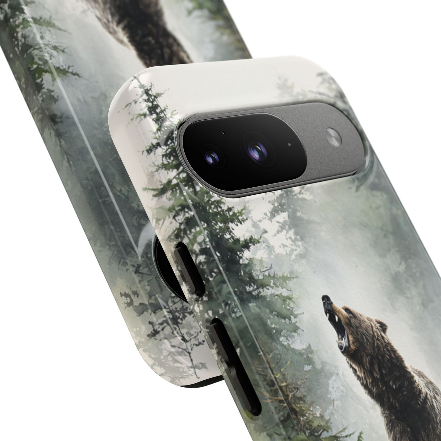 Grizzly bear phone case in misty pine forest - outdoor wildlife protective cover for Google Pixel
