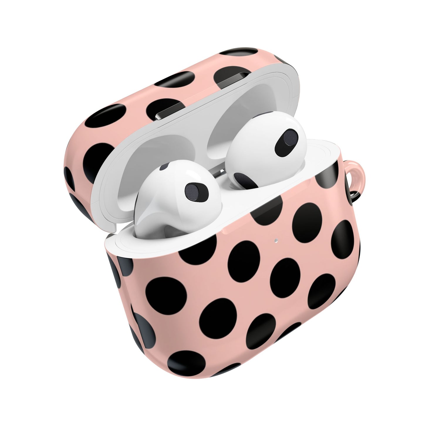 Pink polka dot AirPods Gen 3 protective case – playful feminine design with carabiner clip
