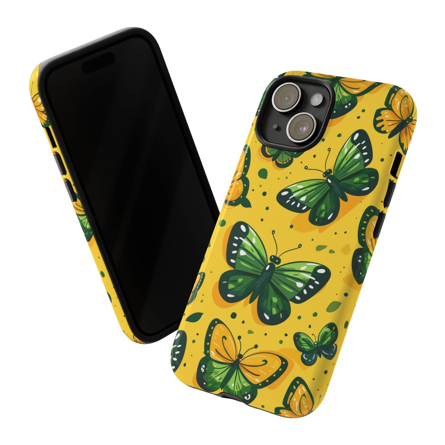 Green Butterflies Tough Phone Case - Yellow Cartoon Design Protective Cover for iPhone, Samsung Galaxy & Google Pixel