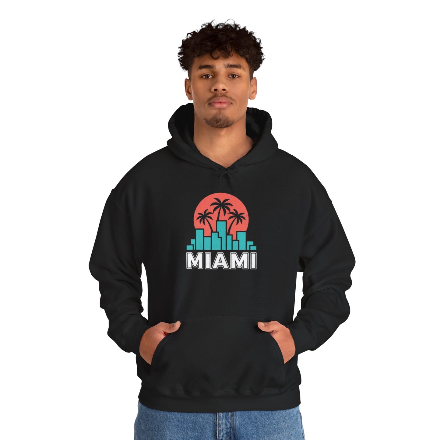 Miami Sunset Hoodie – Palm Tree & City Skyline Graphic Pullover