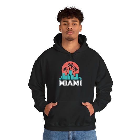 Miami Sunset Hoodie – Palm Tree & City Skyline Graphic Pullover