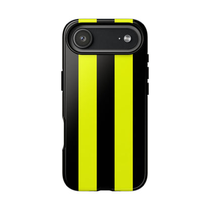 Bold neon yellow racing stripes tough phone case on matte black background with dual-layer protection
