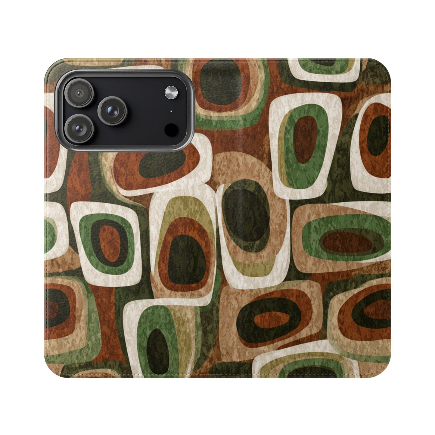 Boho geometric phone wallet case in warm green and brown tones with card pockets and D-ring attachment
