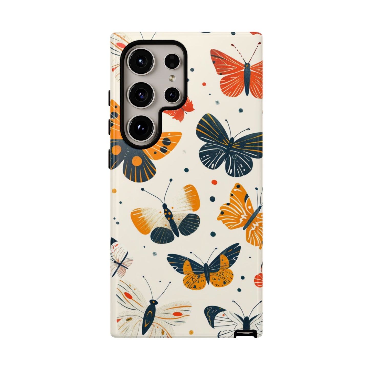Floral butterfly tough phone case - warm orange and navy retro cartoon design slim protective cover
