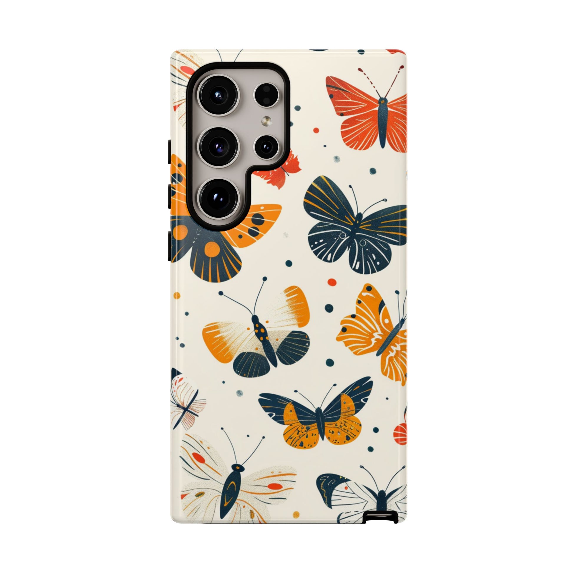 Floral butterfly tough phone case - warm orange and navy retro cartoon design slim protective cover
