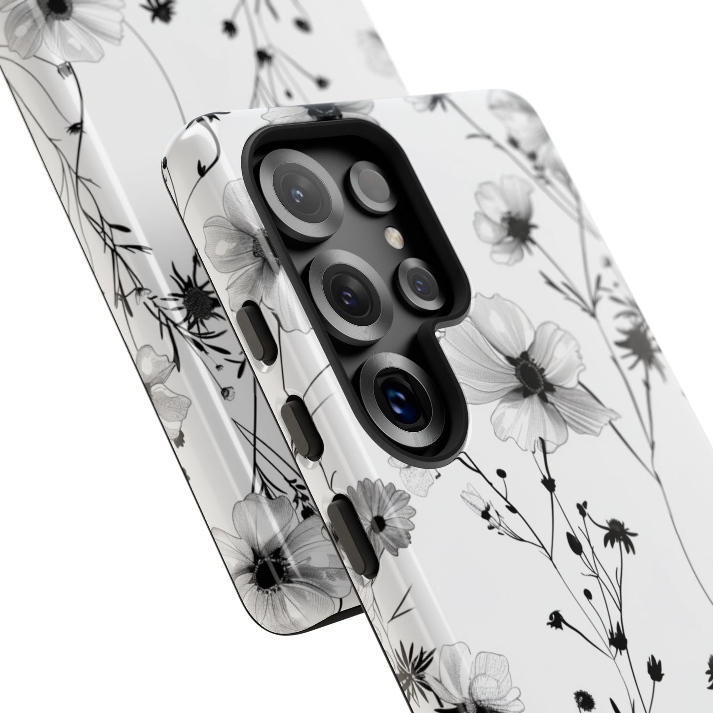 Blumen Tough Phone Case – Monochromes Schwarz-Weiß-Wildblumen Schutzcover für iPhone, Samsung Galaxy & Google Pixel