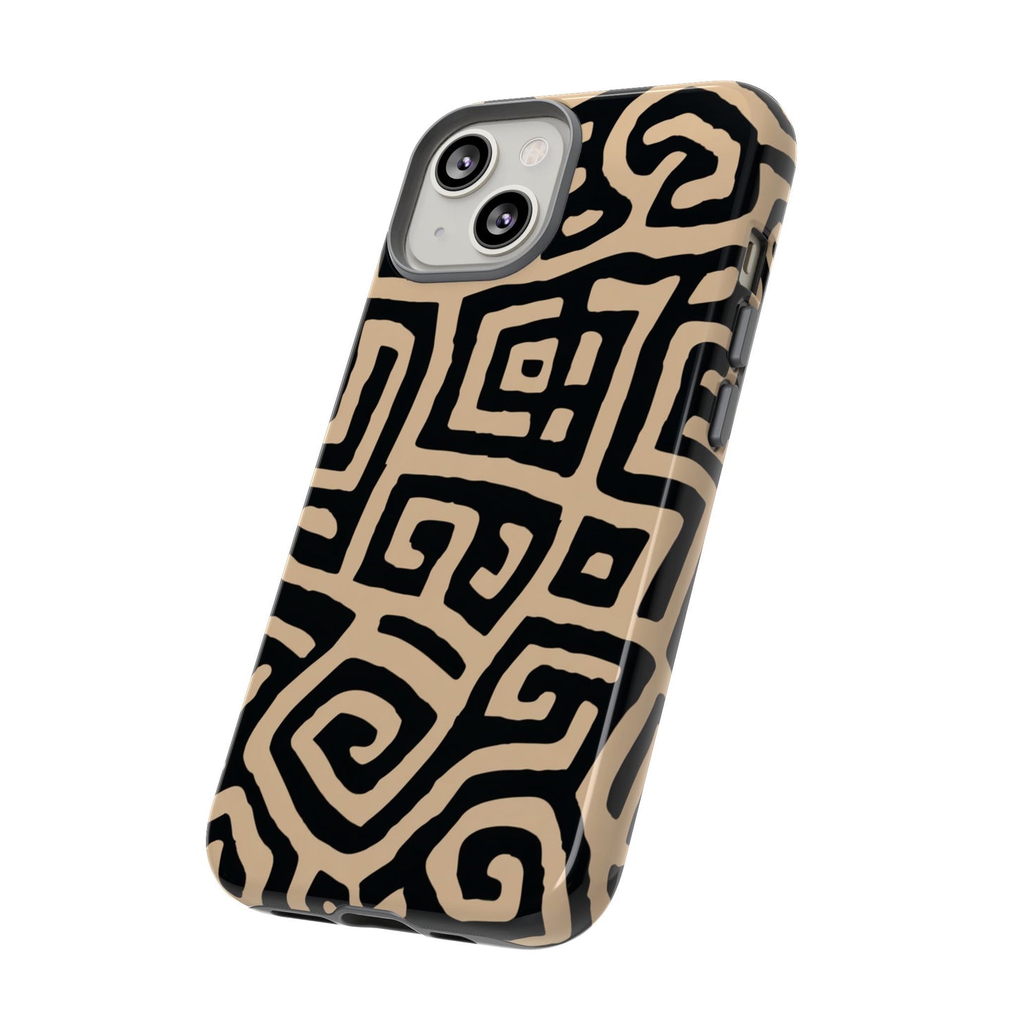 Afrikanisches Stammes-Labyrinth Handyhülle – Beige & Schwarz Geometrisches Muster Schutzhülle für iPhone, Samsung Galaxy & Google Pixel