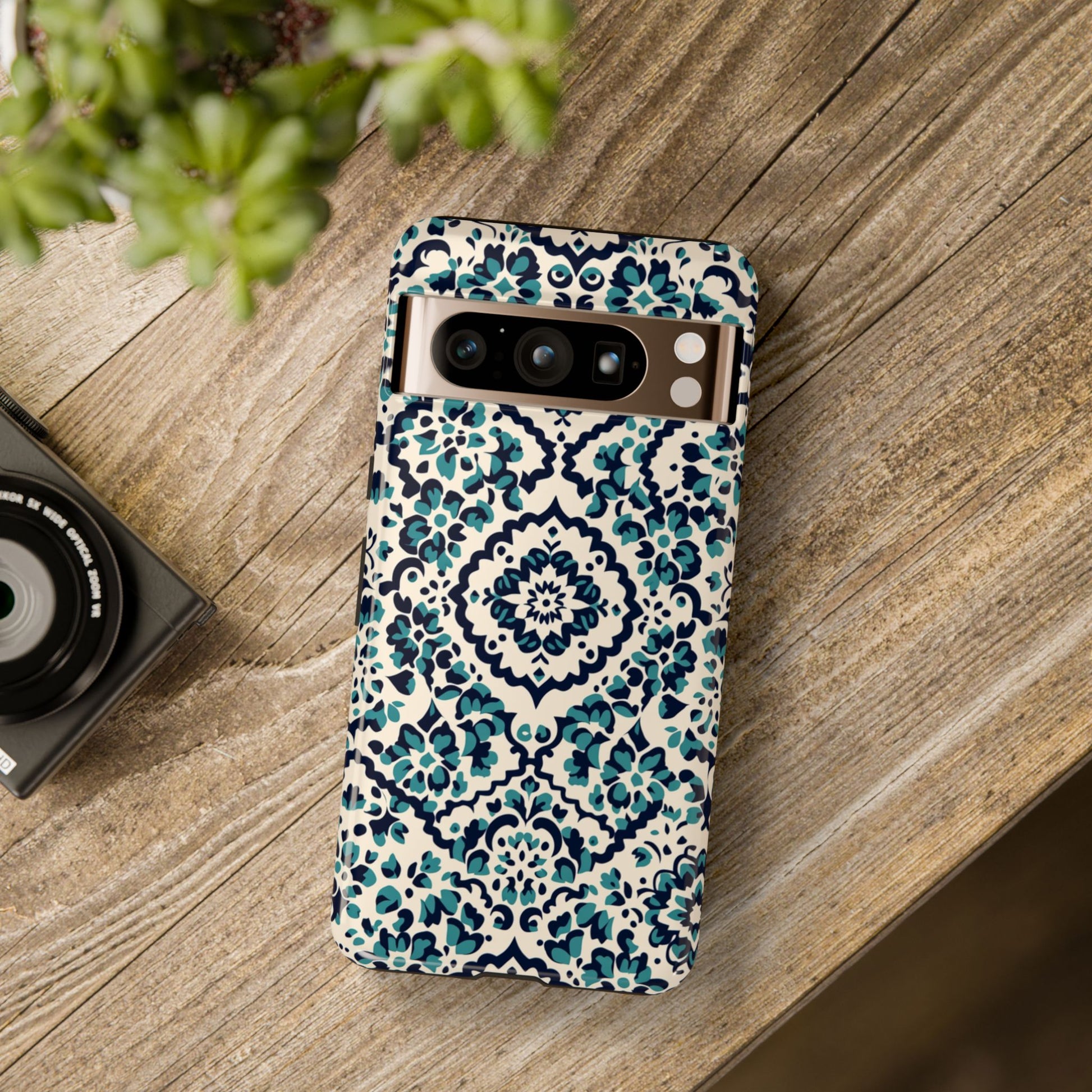 Floral Damask Tough Phone Case - Dual-Layer Protection with Teal Navy Floral Design - Side Angle
