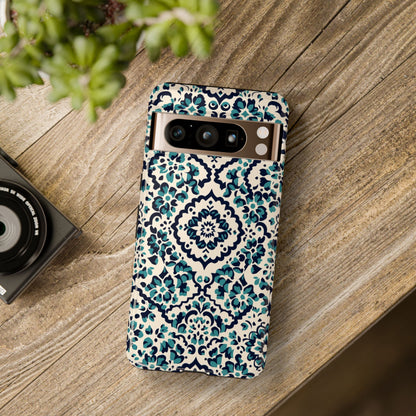 Floral Damask Tough Phone Case - Dual-Layer Protection with Teal Navy Floral Design - Side Angle
