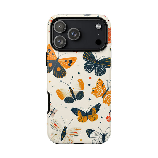 Butterfly Pattern Tough Phone Case - Orange & Navy Floral Butterflies Protective Cover for iPhone, Samsung Galaxy & Google Pixel