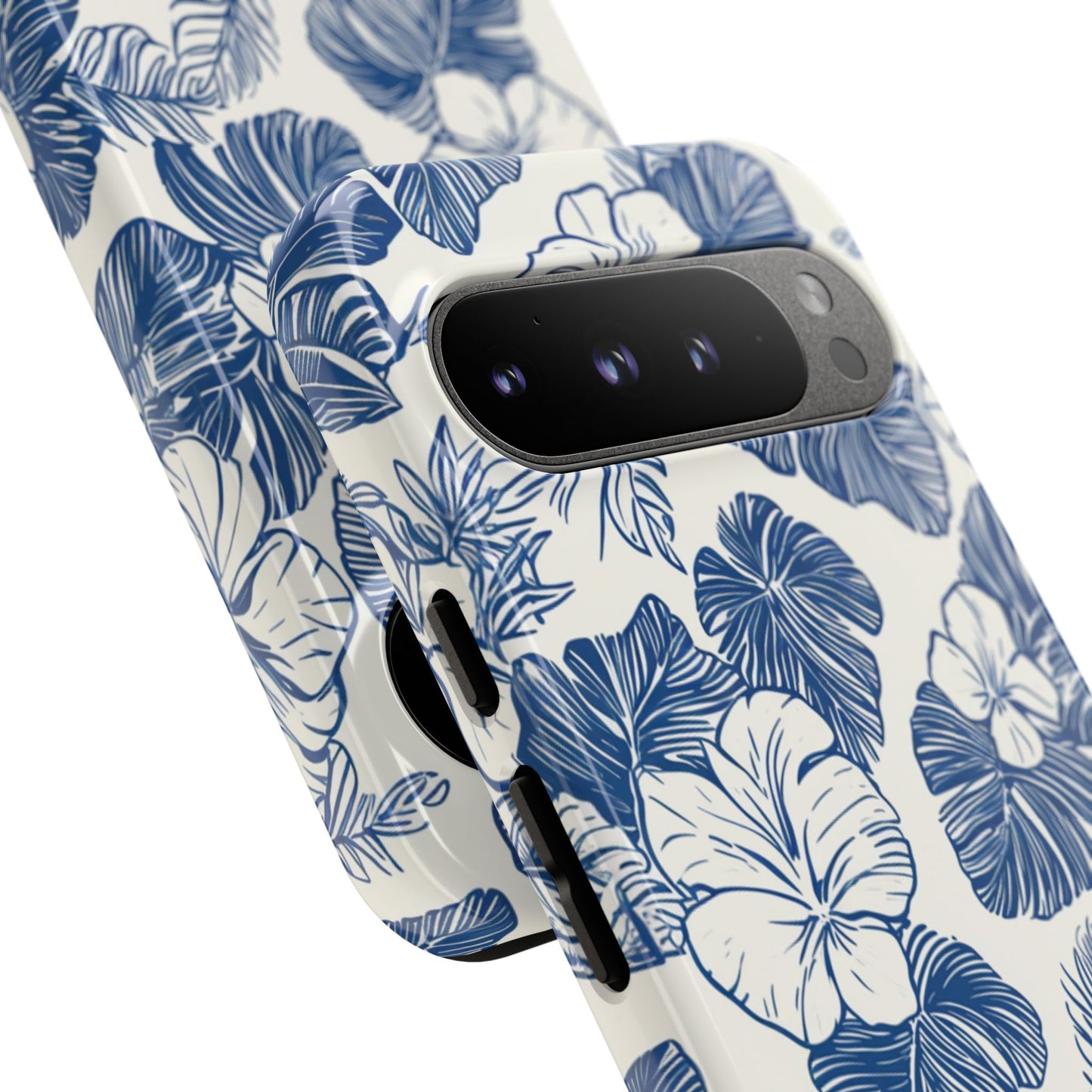 Blue and white floral phone case with delicate hibiscus blooms polycarbonate shell TPU liner
