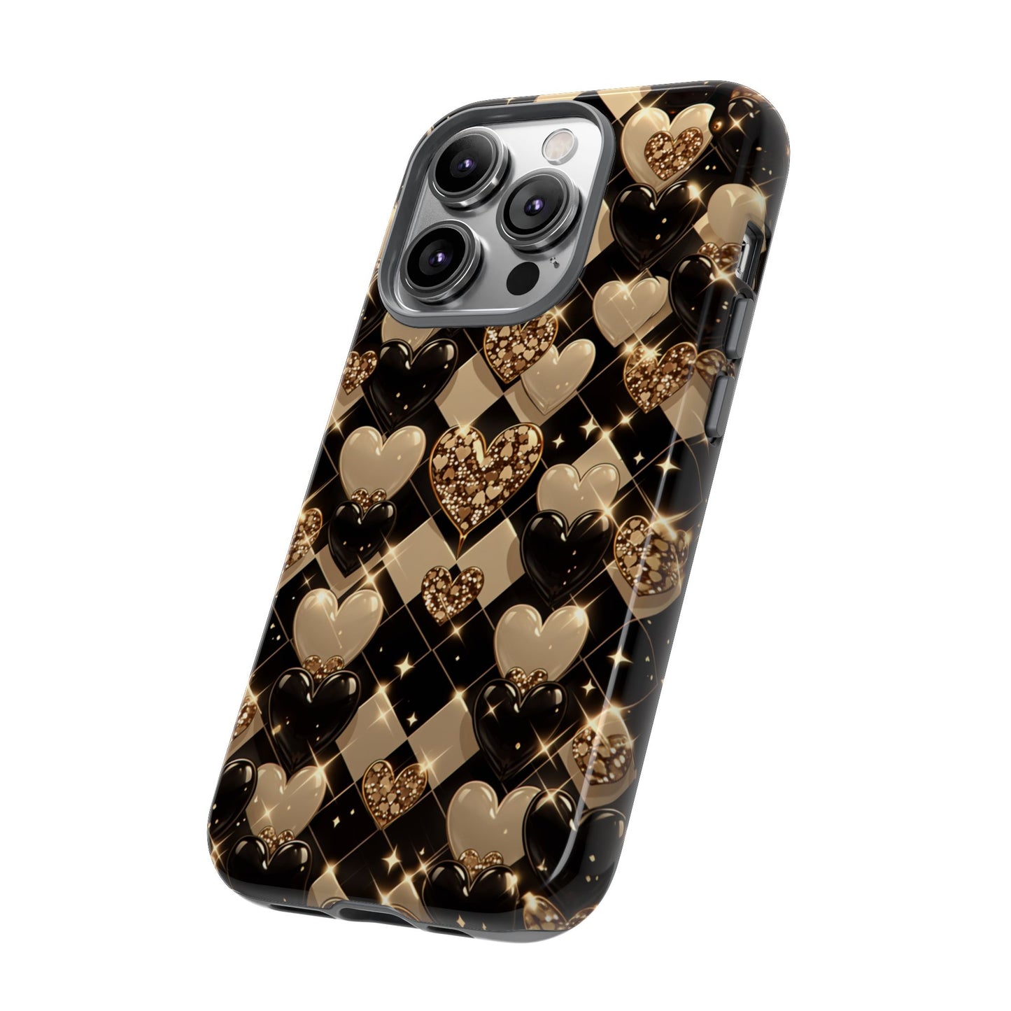 Glam phone case with sparkling gold hearts - Premium quality protective cover with matte or glossy finish
