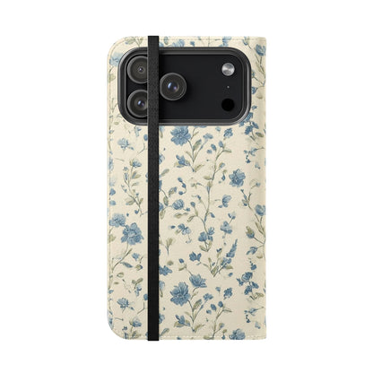 Étui portefeuille à rabat bleu vintage à motif floral avec emplacements pour cartes pour iPhone et Samsung Galaxy