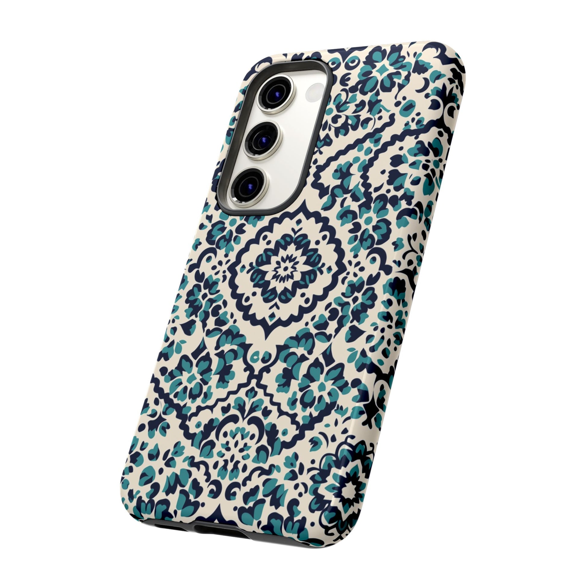 Boho Floral Phone Case - Teal Navy Vintage Pattern - Corner Detail Close-Up
