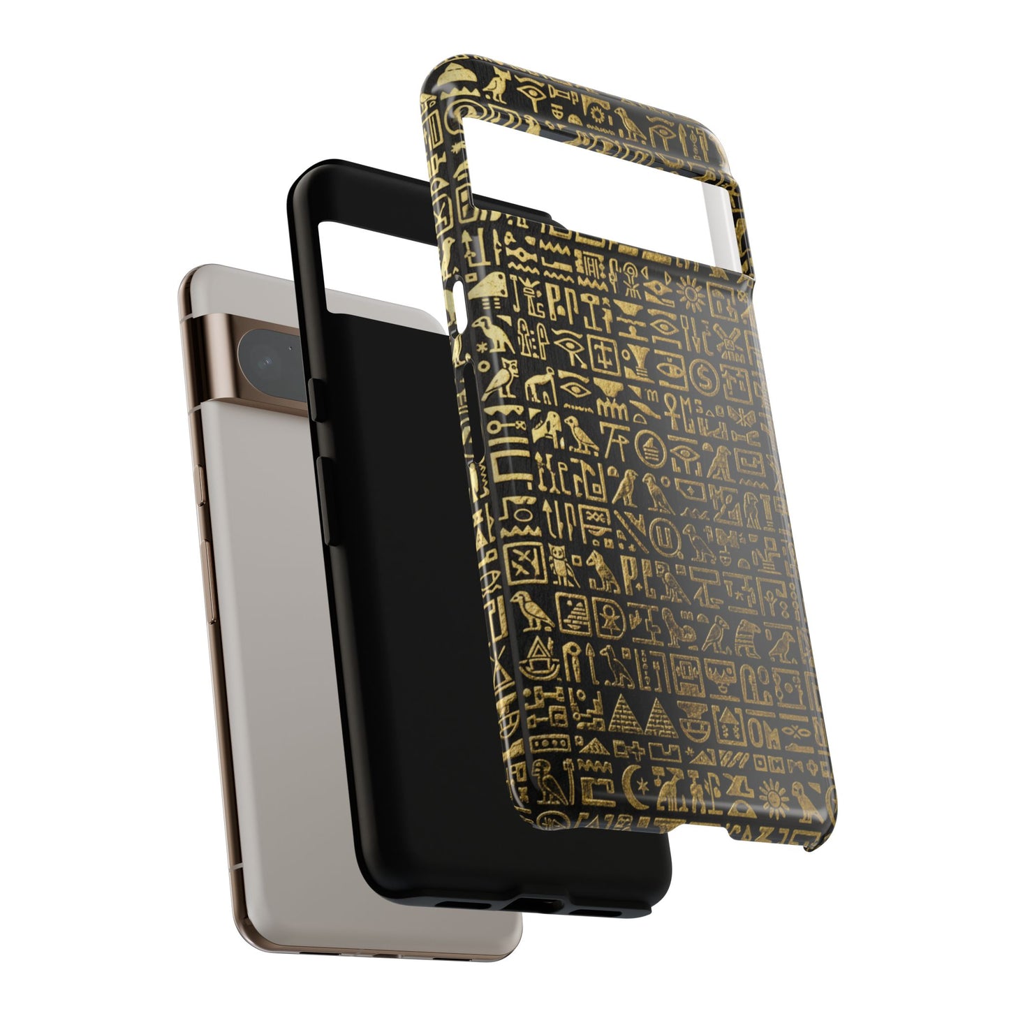 Funda resistente con jeroglíficos egipcios - Patrón de símbolos antiguos en negro y dorado para iPhone, Samsung Galaxy y Google Pixel