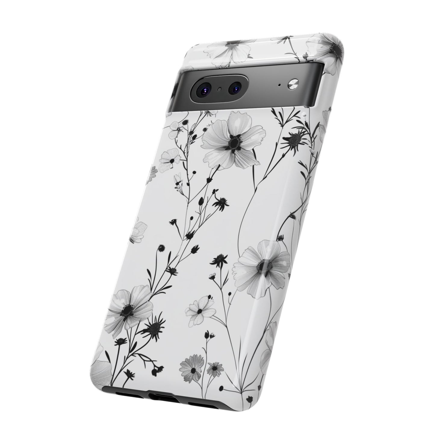 Blumen Tough Phone Case – Monochromes Schwarz-Weiß-Wildblumen Schutzcover für iPhone, Samsung Galaxy & Google Pixel