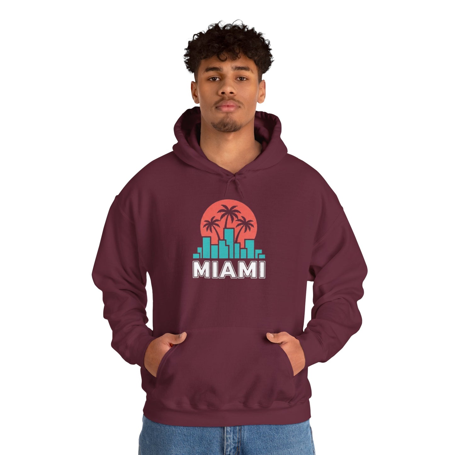 Miami Sunset Hoodie – Palm Tree & City Skyline Graphic Pullover
