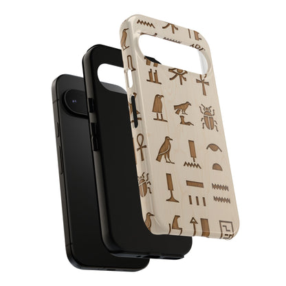 Egyptian Hieroglyphics Tough Phone Case - Wood Grain Ancient Symbols Protective Cover for iPhone, Samsung Galaxy & Google Pixel