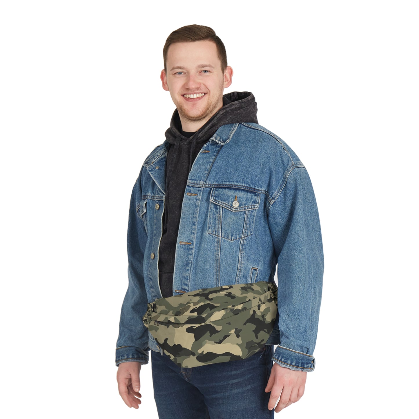 Man with bold camo hip pack on chest – adjustable strap military waist bag for urban adventures
