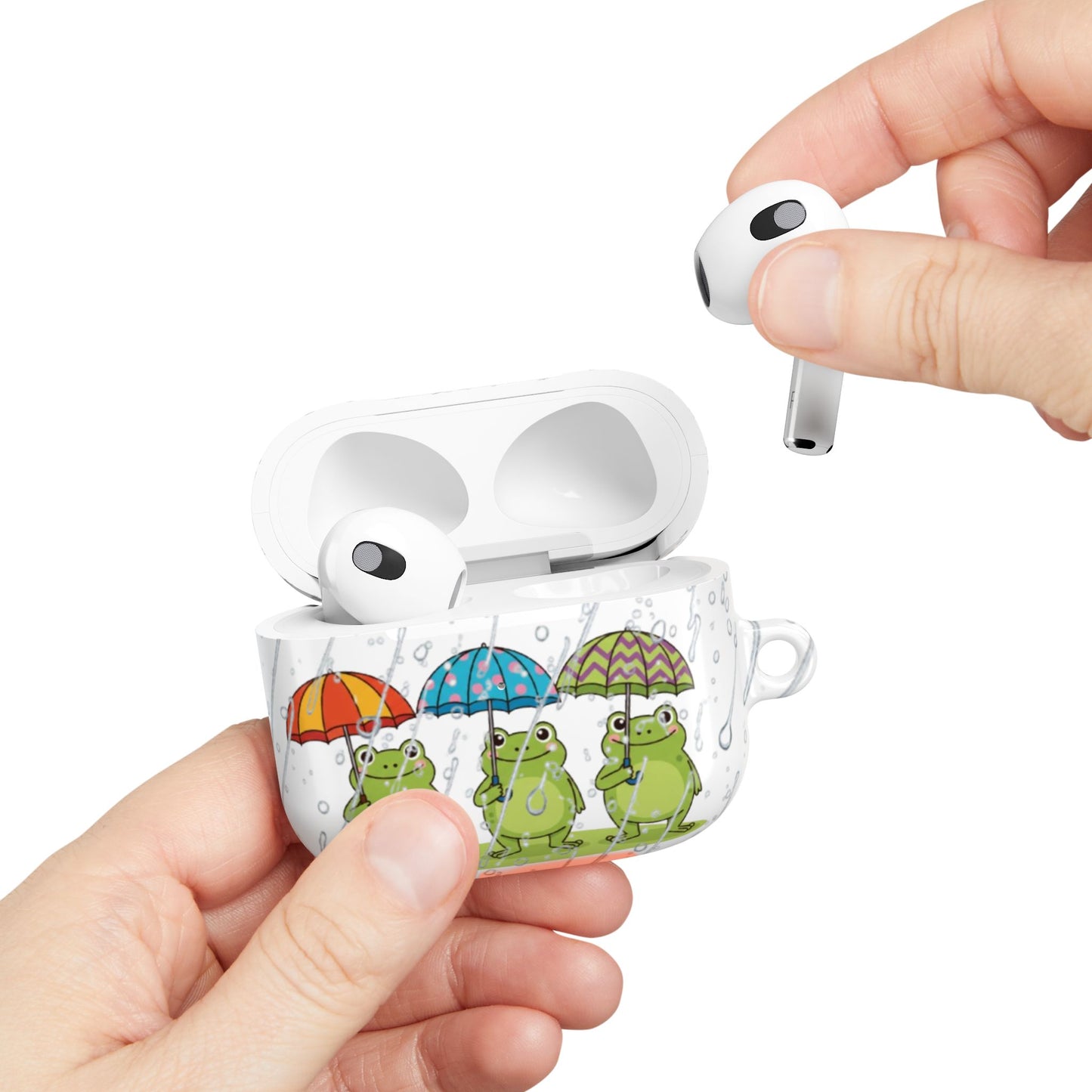 Frog trio AirPods Gen 3 case – cute frogs with umbrellas rainy day design glossy finish
