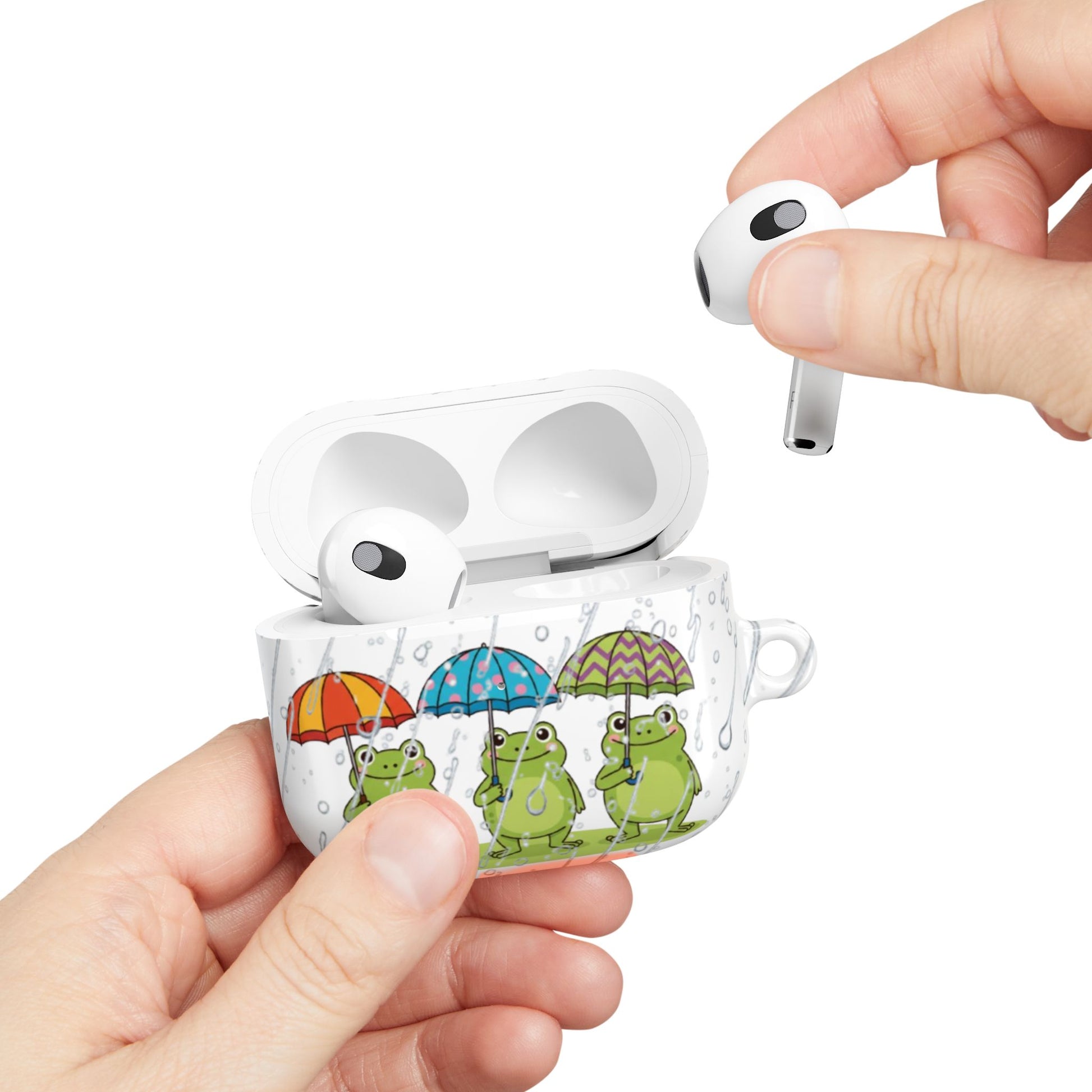 Frog trio AirPods Gen 3 case – cute frogs with umbrellas rainy day design glossy finish

